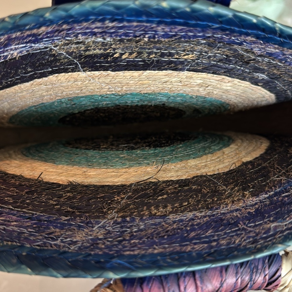 Vintage Round Natural Straw Blue & Purple Beachy Bag - Picture 7 of 14